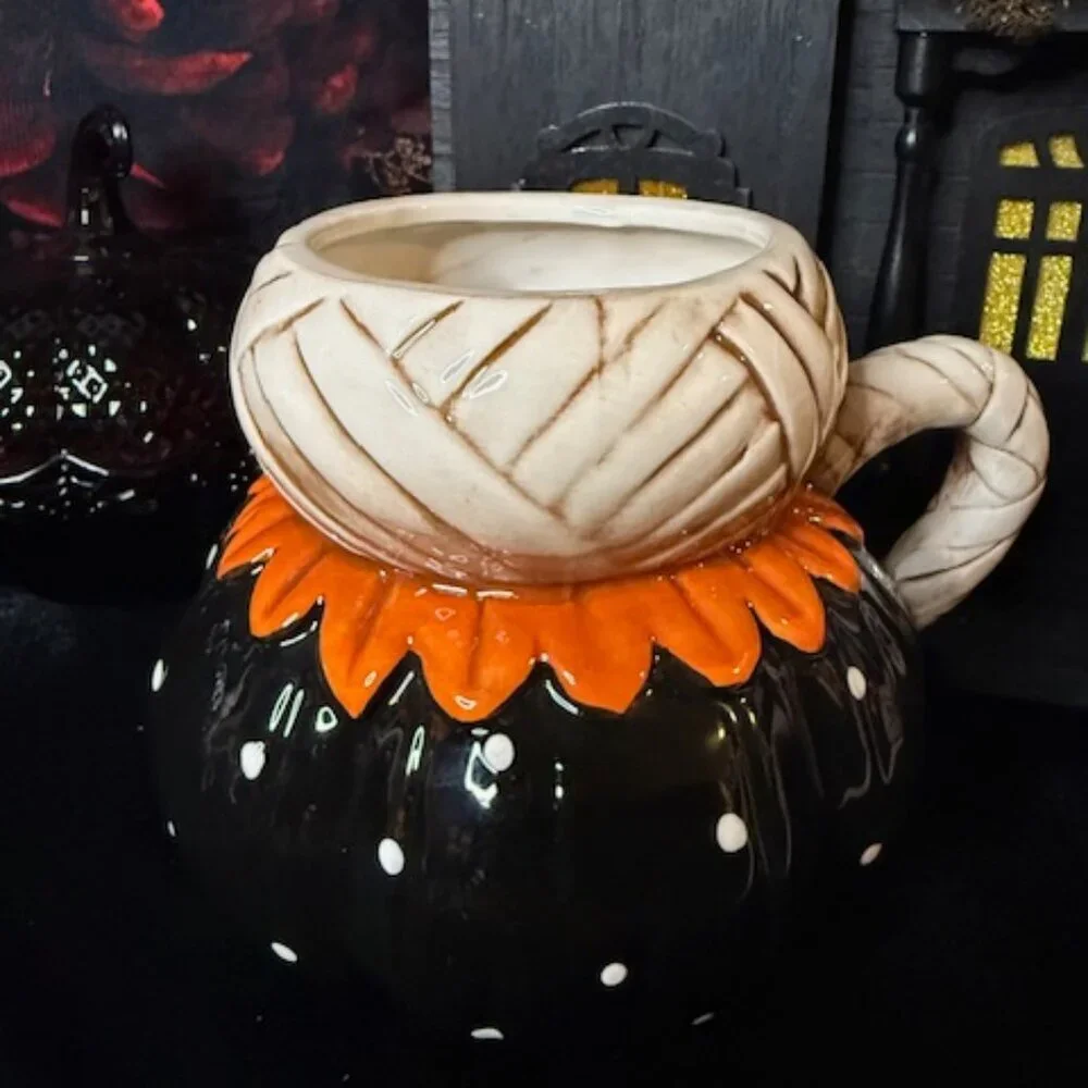 Johanna Parker Halloween Mummy Pumpkin Mug Black Orange Polka Dot NWT
